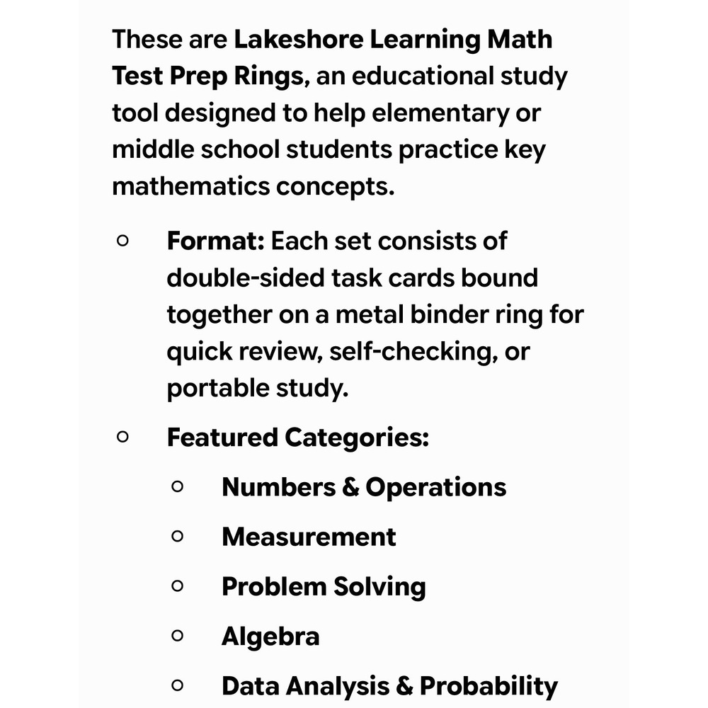 Lakeshore Learning Math Test Prep Rings 5 Set Algebra Measurement Grade 3+ - Picture 2 of 5
